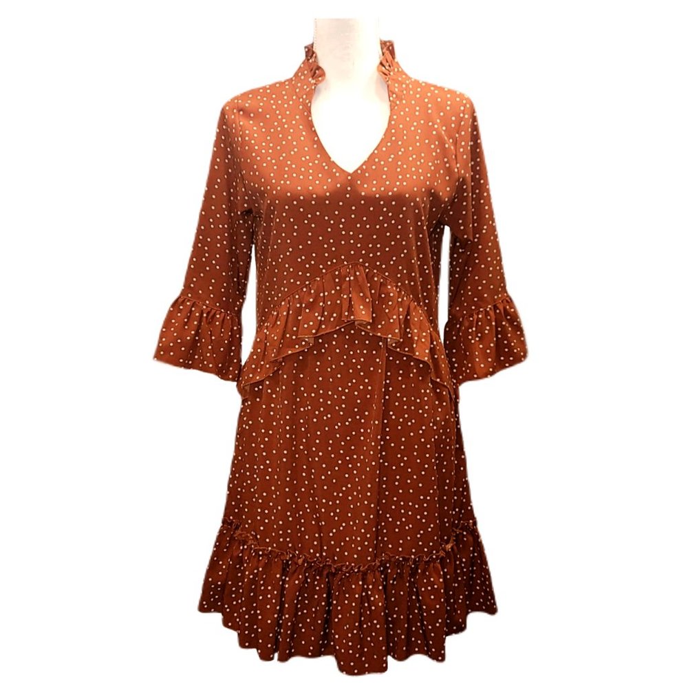 Mitilly Ruffle Polka Dot Pocket Loose Swing Casual Short T-Shirt Dress Brown S